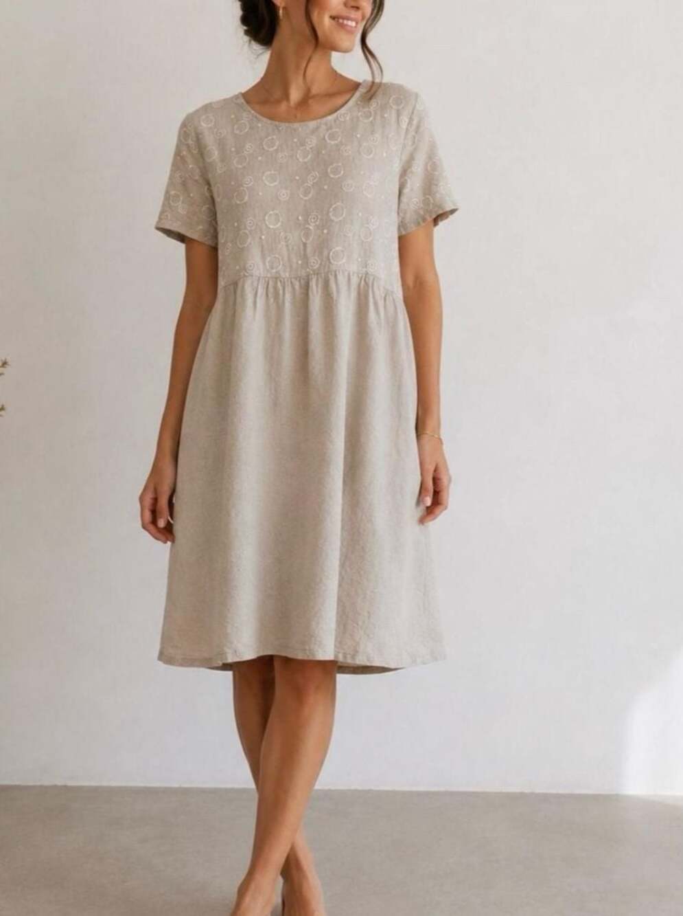 Terzo Millennio 100% Linen Embroidered Circle Pattern Short Sleeve Dress Size S
